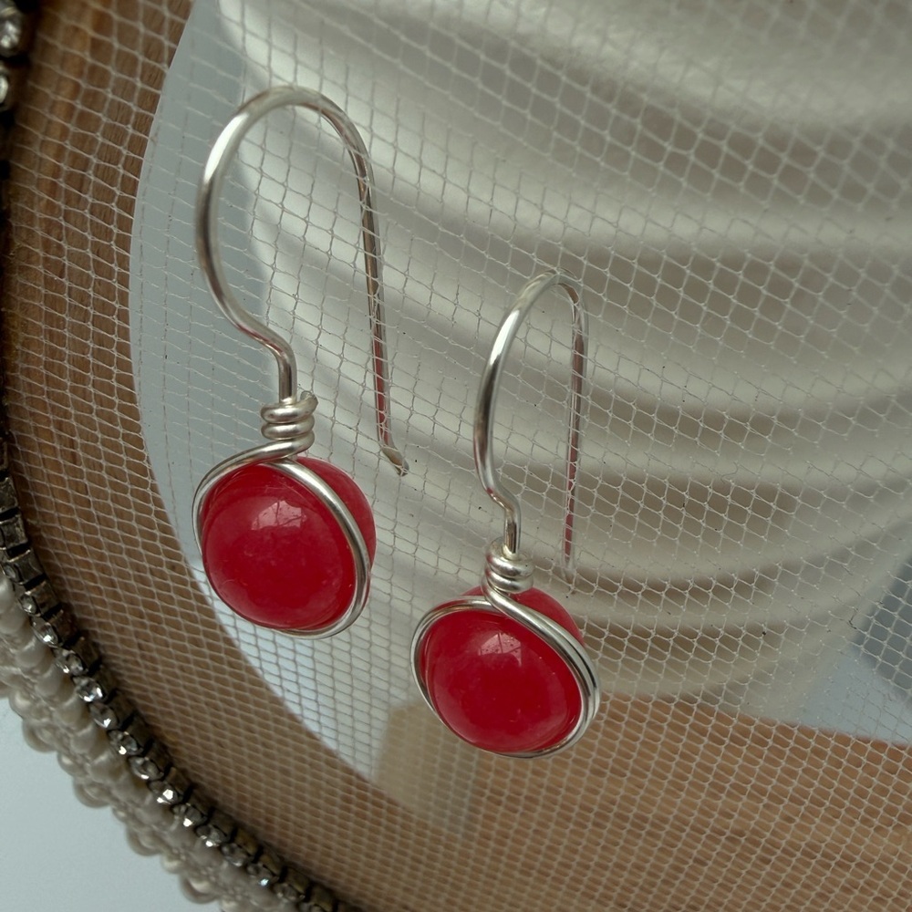 Berry Pink Jade Wire Wrapped Minimalist Silver Earrings - Picture 5 of 9
